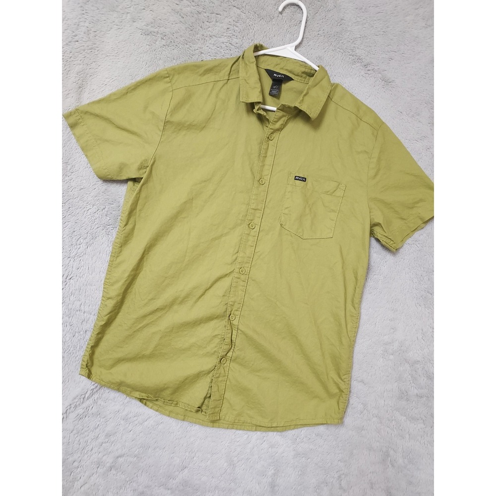 Rvca Shirt Mens Medium Short Sleeve Button Up Pocket Solid Green Surfer Beach M